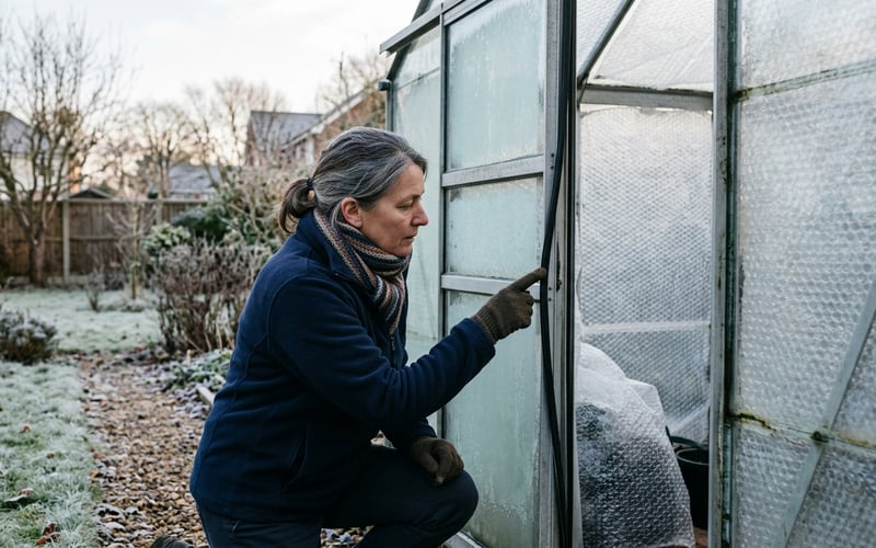 Checking greenhouse door seal for draughts during winter insulation