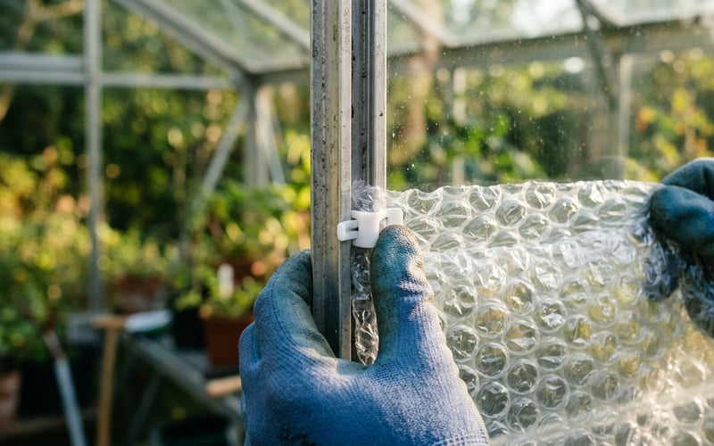 Close-up of bubble wrap being clipped to aluminium greenhouse glazing bars