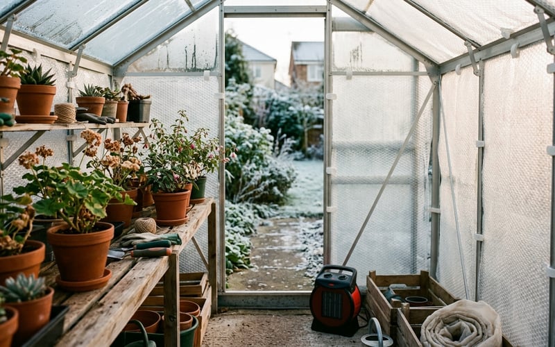 Bubble wrap insulation fitted inside an aluminium greenhouse during winter