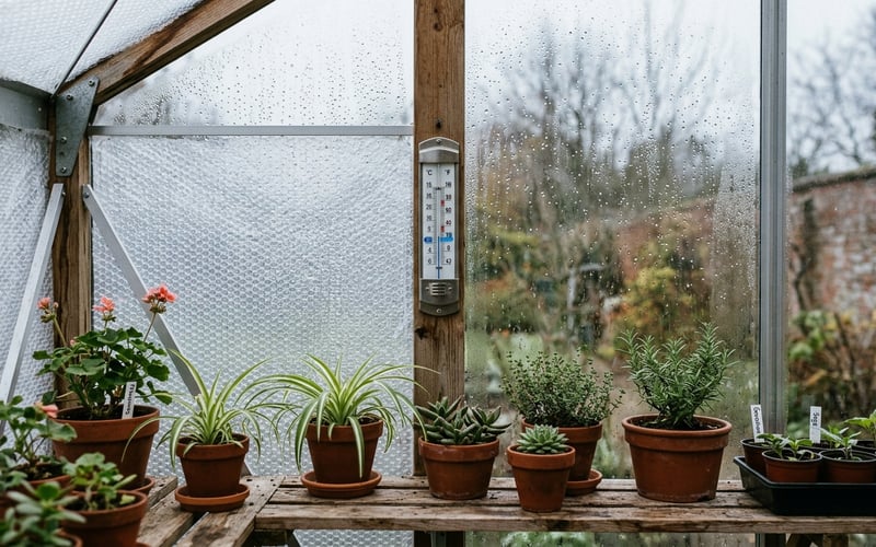 Vitavia Max Min thermometer mounted inside an insulated greenhouse