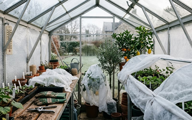 Greenhouse interior with thermal fleece screen protecting plants during winter