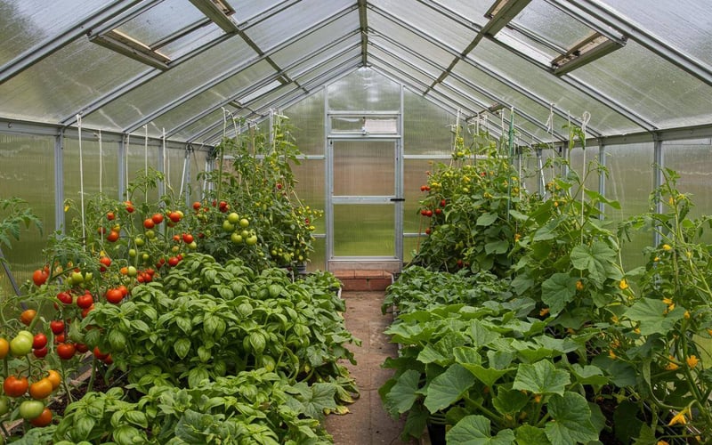 Greenhouse interior showing thriving July crops including tomatoes and cucumbers ready for harvest