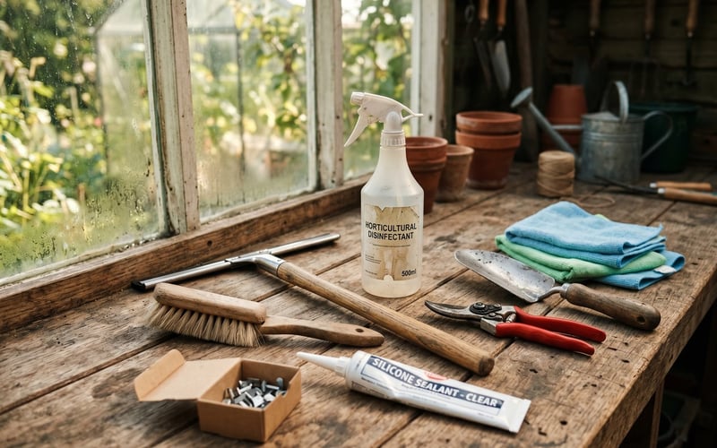 Greenhouse aftercare tool kit with brush, squeegee, horticultural disinfectant, silicone sealant and glazing clips on a wooden workbench