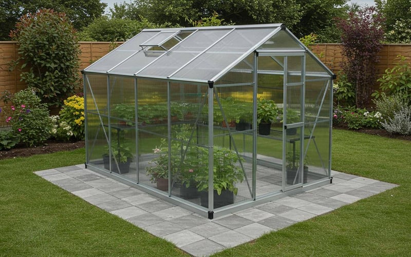 Greenhouse installed on professional paving slab base showing level installation and proper drainage gaps