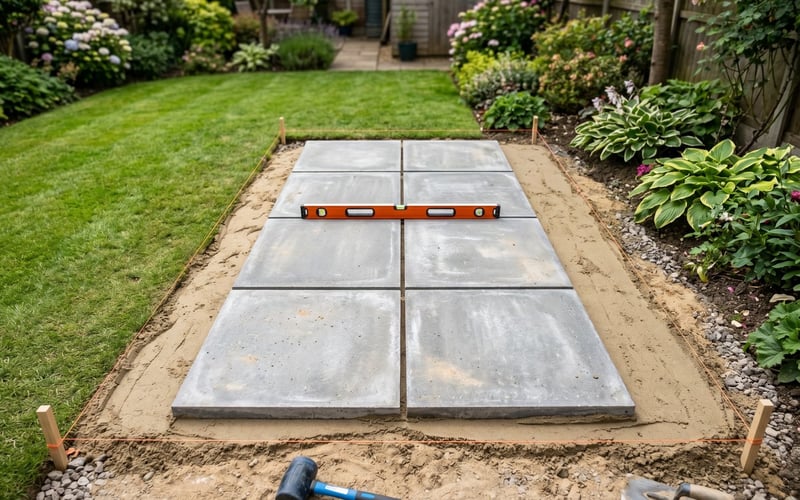 Grey paving slabs laid on sand-cement bedding with a spirit level on top