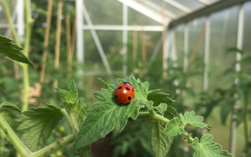 Ladybird eating aphids on a greenhouse tomato leaf - natural biological pest control