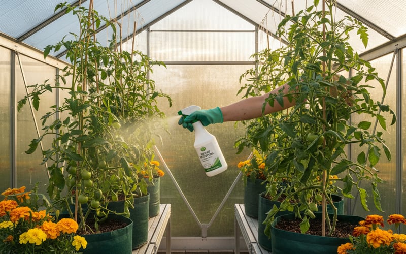 Applying organic pest spray to greenhouse tomato plants with companion marigolds nearby