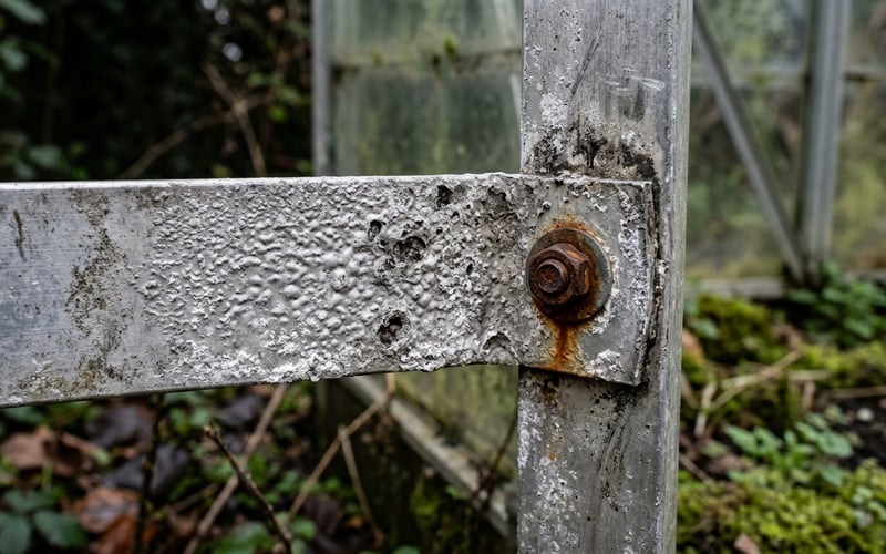 Close up of a generic greenhouse aluminium frame corner showing pitted dimpled surface and white oxide bloom from untreated mill finish aluminium after 12 years in UK weather
