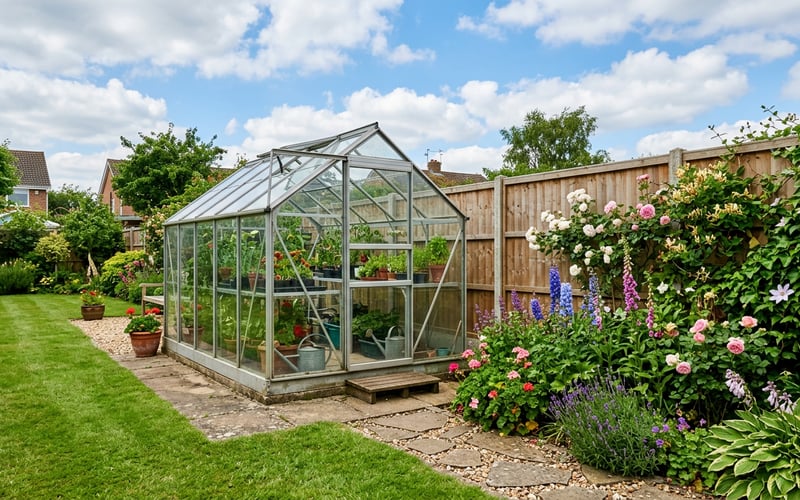 Standard aluminium greenhouse in a UK back garden within permitted development rules