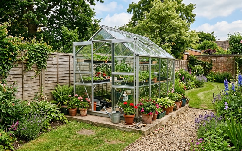 Aluminium greenhouse positioned in a UK back garden meeting permitted development rules