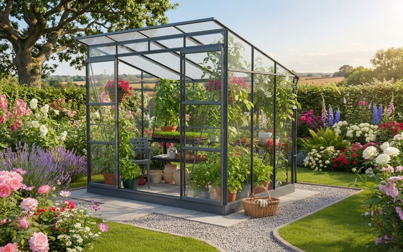 Vitavia Freya 5900 grey greenhouse positioned in a sunny south-facing countryside garden