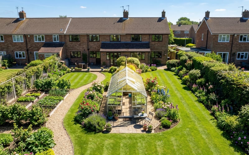 Aerial view of a south-facing greenhouse positioned in the sunniest spot of a UK garden