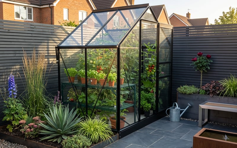 Vitavia Venus 2500 black greenhouse positioned in a modern urban garden with dark fencing and slate paving