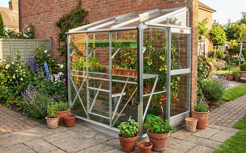 Elite Windsor 4x6 lean-to greenhouse against a south-facing brick house wall in a suburban UK garden