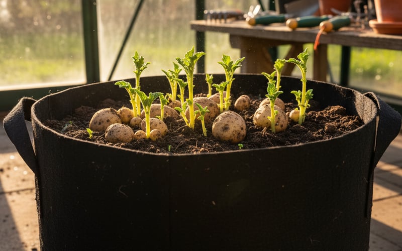 Seed potatoes sprouting in a grow bag inside a winter greenhouse
