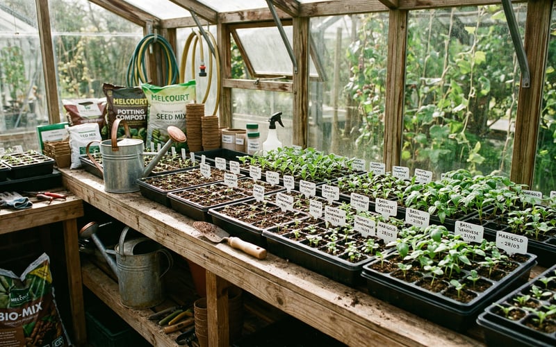 Well-organised greenhouse propagation bench with seed trays and seedlings