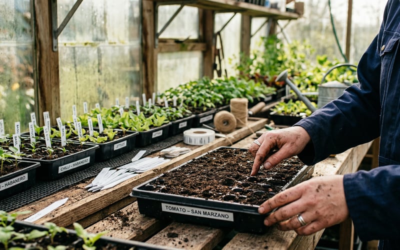 Greenhouse propagation guide - sowing seeds in trays on staging inside a greenhouse