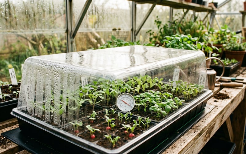 Seedlings growing in a heated propagator on greenhouse staging