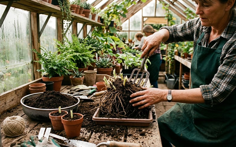 Dividing a herbaceous perennial for propagation in a greenhouse