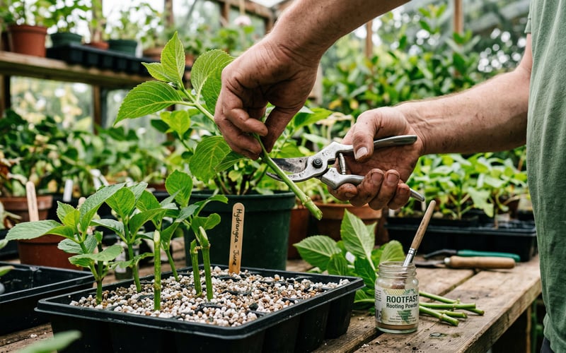 Taking softwood cuttings in a greenhouse for propagation