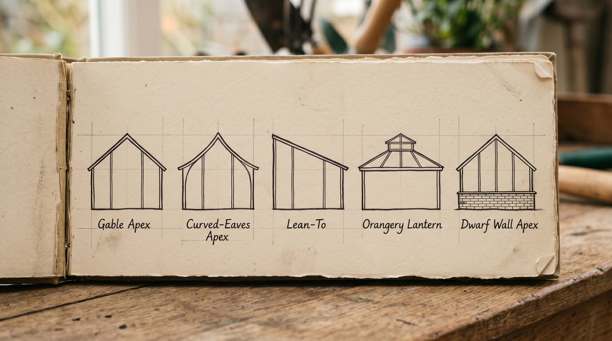 Hand-drawn comparison diagram showing the five greenhouse roof shape silhouettes side by side — gable apex, curved-eaves apex, lean-to mono-pitch, orangery lantern roof, and dwarf-wall apex — labelled in installer's sketchbook style