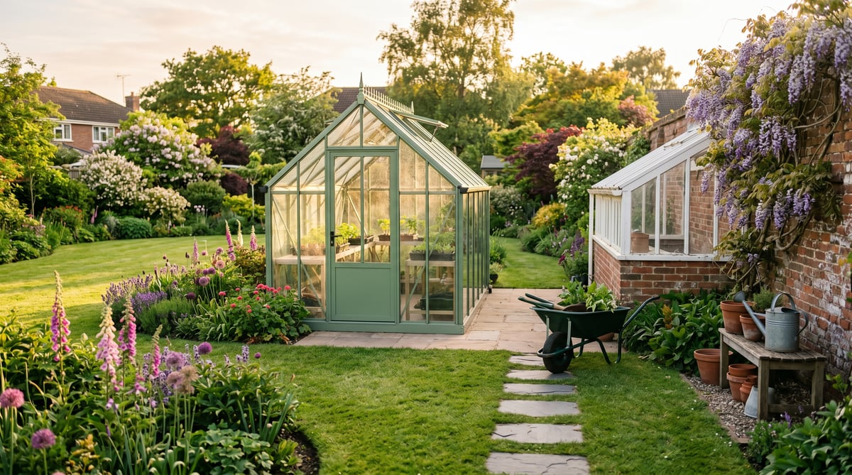 UK suburban garden in late spring with a green aluminium gable greenhouse on a paved base and a white timber lean-to greenhouse against a wisteria-covered brick wall — example of two of the five greenhouse roof shapes commonly fitted in UK gardens