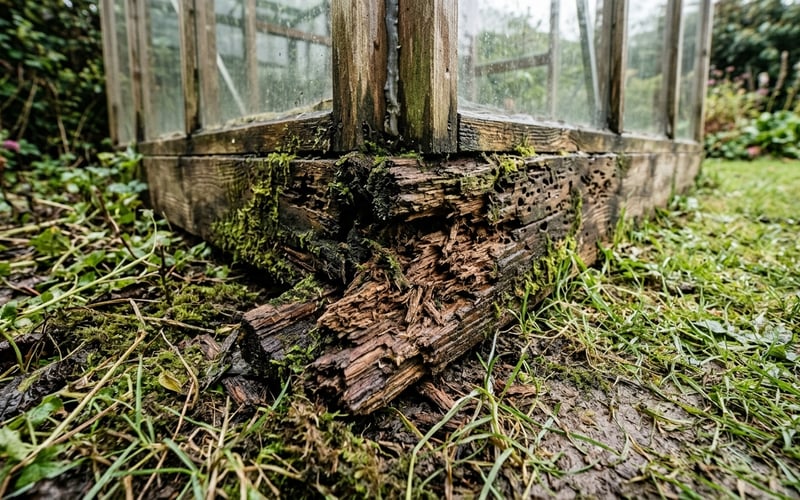 Close up of a generic wooden greenhouse base plate showing rotten softwood timber with soft crumbling fibres and moss growth after eight years sitting on a grass base