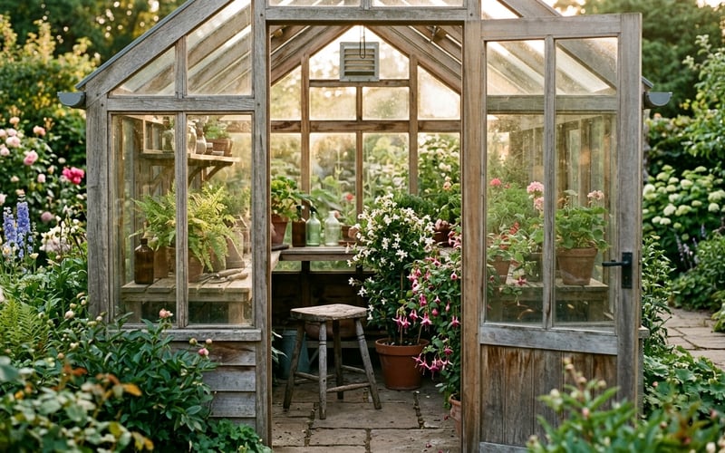 A beautiful wooden greenhouse in a mature English garden with open doors and warm afternoon sunlight filtering through glass panes