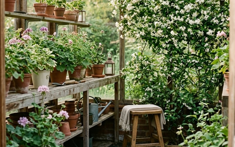 A greenhouse interior set up as a garden sanctuary with rubber matting floor, wooden stool, climbing jasmine and potted plants on staging