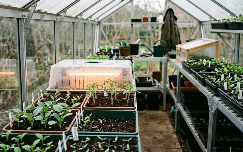 UK greenhouse with seed trays on tiered staging and a heated propagator in early spring
