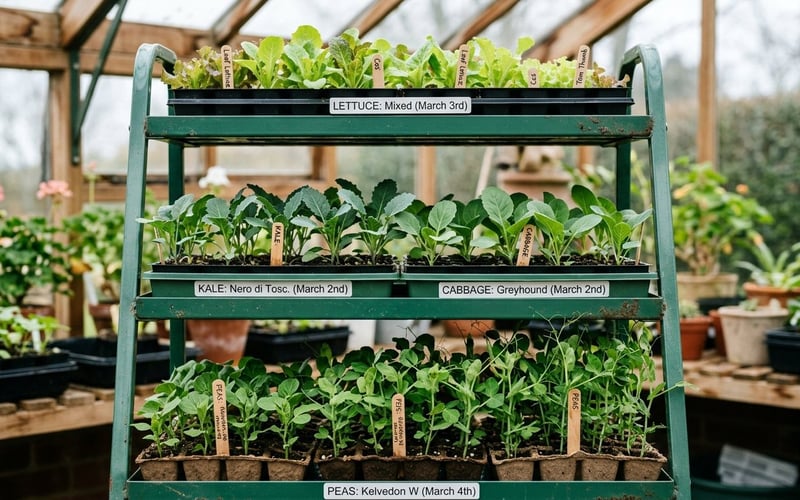 March seed trays on tiered Elite seed tray frame in a UK greenhouse with young lettuce and brassica seedlings