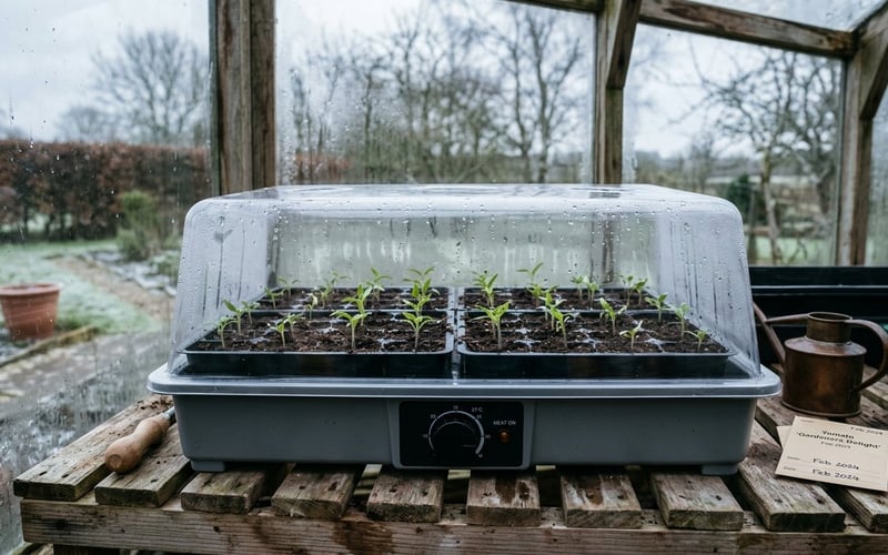 Heated propagator with thermostatic base and seed trays on greenhouse staging in winter