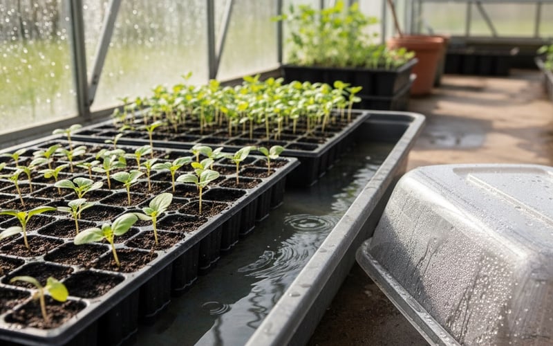Seedlings being bottom watered in a greenhouse