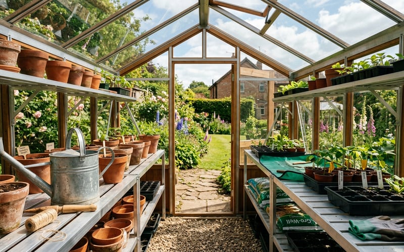Inside a newly set up greenhouse with staging shelves and seed trays