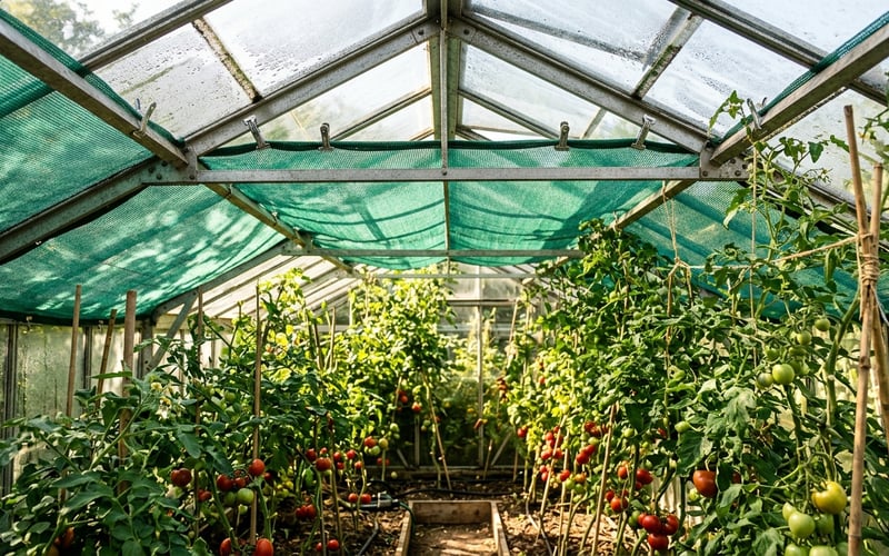 Interior of a greenhouse with curtain shading drawn across the roof filtering sunlight onto tomato plants
