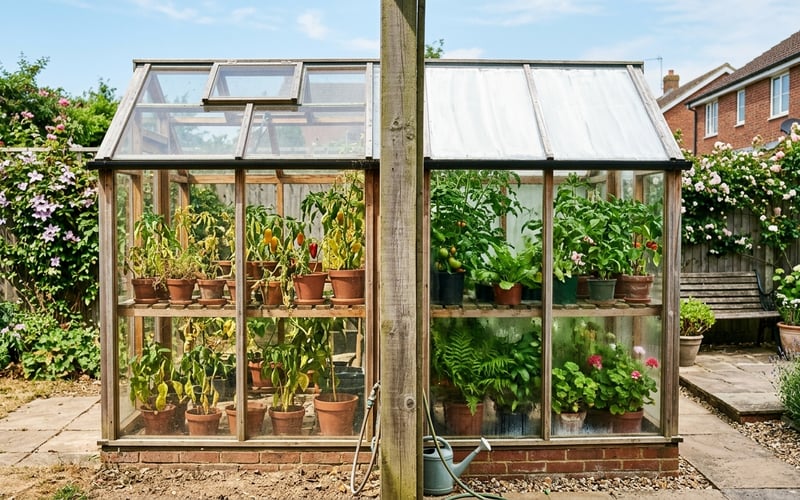 Side-by-side comparison of shaded and unshaded greenhouse halves showing temperature difference on a hot day