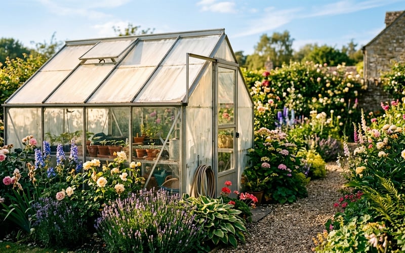 Greenhouse with shading paint applied on a sunny day in a British cottage garden