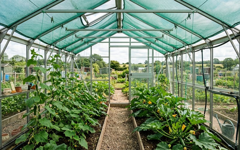 Shade netting clipped inside an aluminium greenhouse with tomato plants growing beneath
