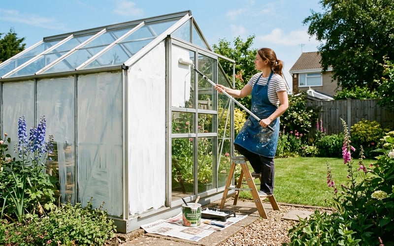 Applying shading paint to greenhouse glass exterior with a long-handled roller in a sunny garden
