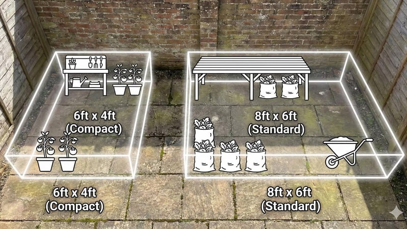 Greenhouse size comparison diagram showing a 6x4 footprint versus an 8x6 footprint overlaid on a typical UK garden patio to illustrate scale.