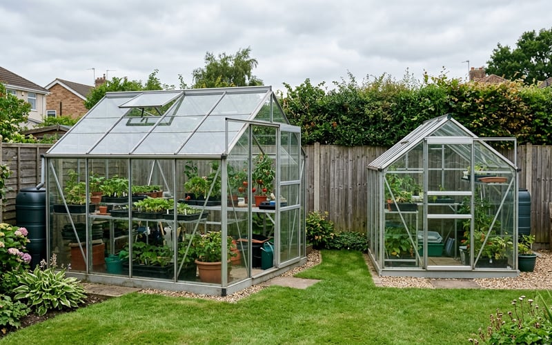 Side by side comparison of a 6x4 and 8x6 greenhouse showing the size difference