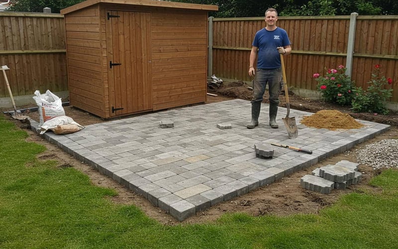Greenhouse paving slab base during installation