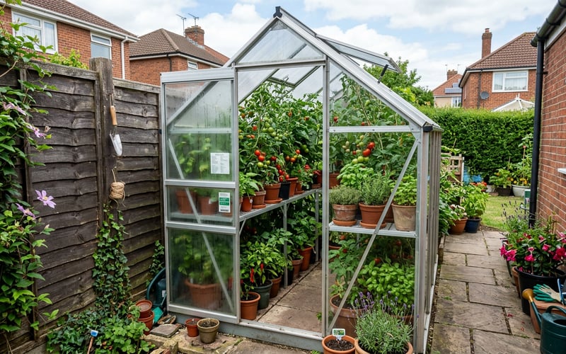 Compact greenhouse packed with plants in a small UK urban garden