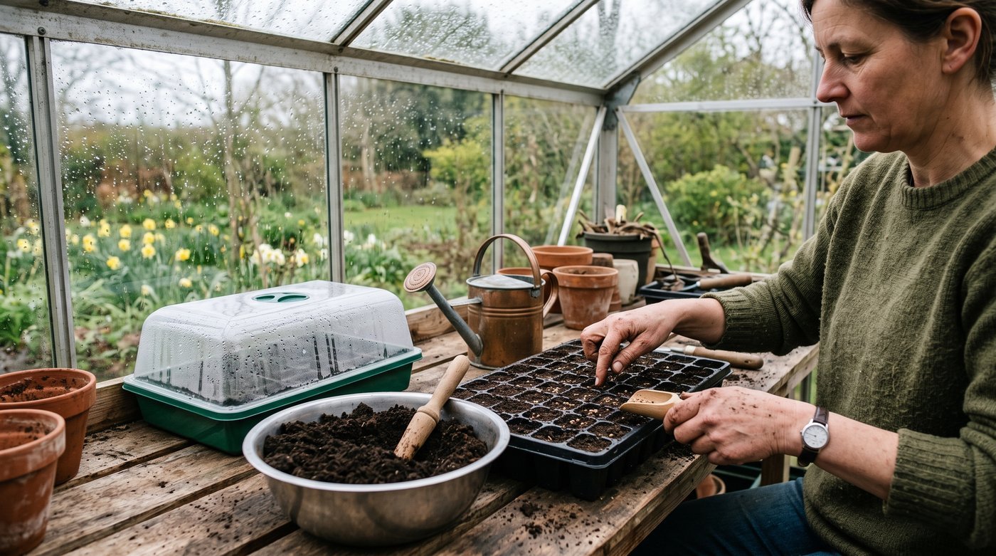 Gardener sowing seeds into module trays on staging inside a greenhouse in early spring