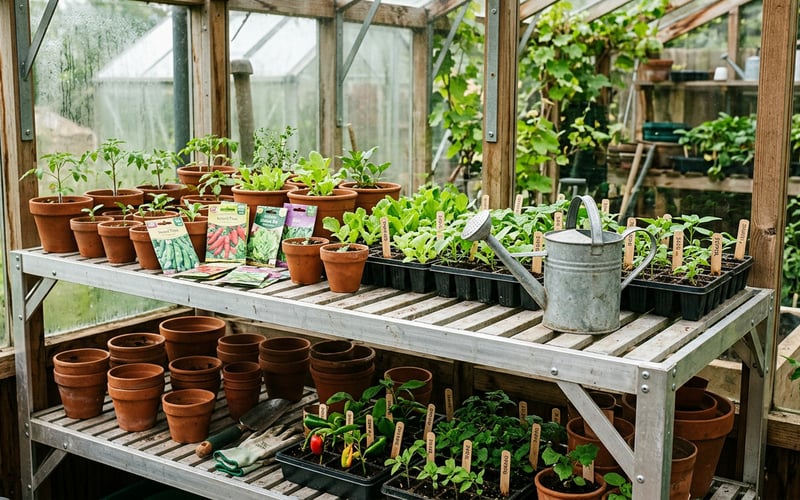 Aluminium greenhouse staging loaded with potted plants and seed trays