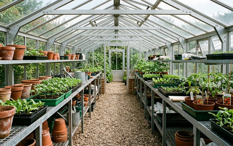 Inside a greenhouse showing staging benches on both sides with a central walking path