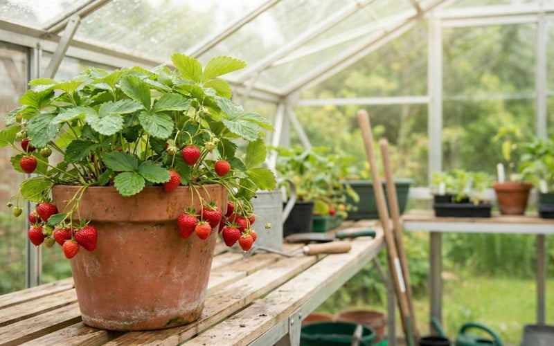 Lush red strawberries growing in pots on a greenhouse shelf with British garden background