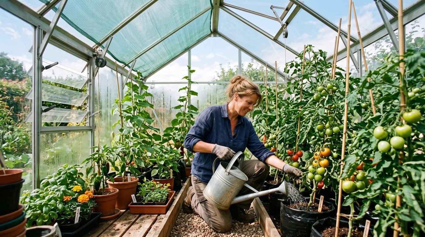 Gardener watering tomato grow bags at soil level in a ventilated greenhouse