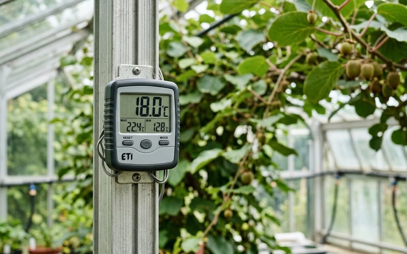 Digital min-max thermometer in a greenhouse monitoring temperature for kiwi fruit growing at 18 degrees celsius