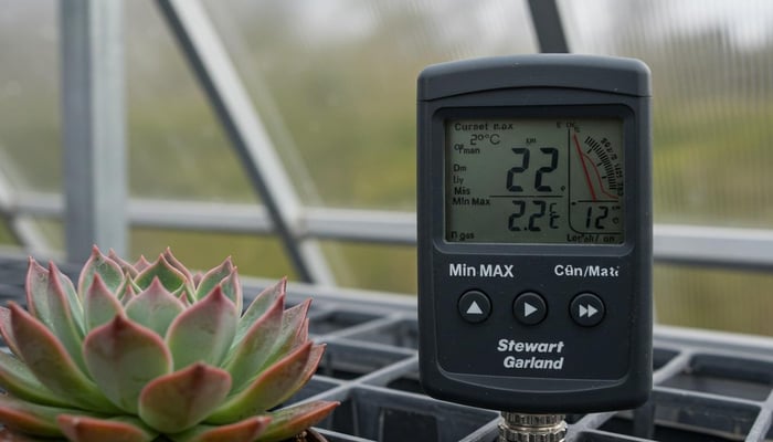 Digital greenhouse thermometer showing ideal 22°C temperature for UK succulent growing with min-max readings